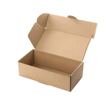 Open empty cardboard box isolated on white. Mockup for design Stock Photos