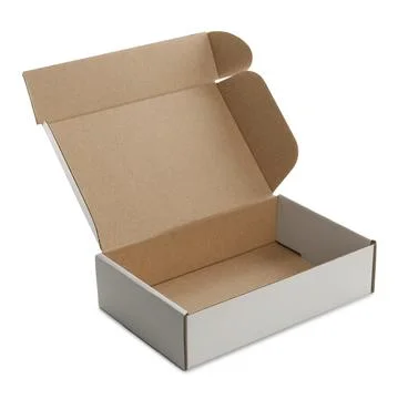 Open empty cardboard box isolated on white. Mockup for design Stock Photos
