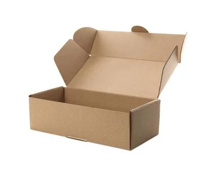 Open empty cardboard box isolated on white. Mockup for design Stock Photos