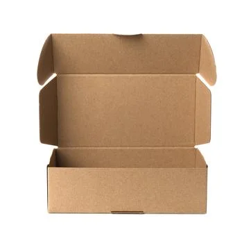 Open empty cardboard box isolated on white. Mockup for design Stock Photos