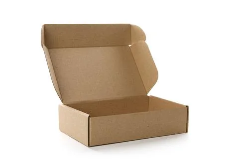 Open empty cardboard box isolated on white. Mockup for design Stock Photos