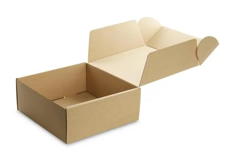 Open empty cardboard box isolated on white. Mockup for design Stock Photos