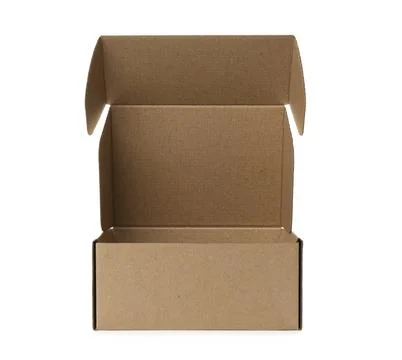 Open empty cardboard box isolated on white. Mockup for design Stock Photos