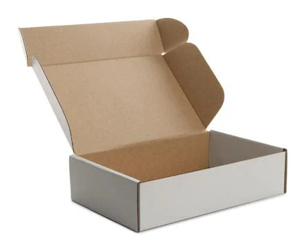 Open empty cardboard box isolated on white. Mockup for design Stock Photos