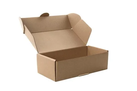 Open empty cardboard box isolated on white. Mockup for design Stock Photos