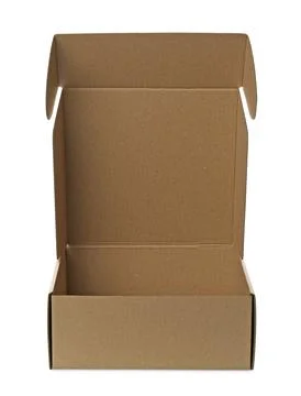 Open empty cardboard box isolated on white. Mockup for design Stock Photos