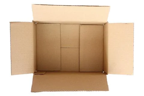 Open empty cardboard box packaging flat lay isolated 스톡 사진