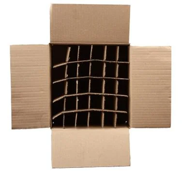 Open empty cardboard box with partitions for transporting broken items of bot Stock Photos
