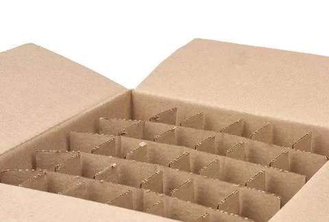 Open empty cardboard box with partitions for transporting broken items ope... Stock Photos