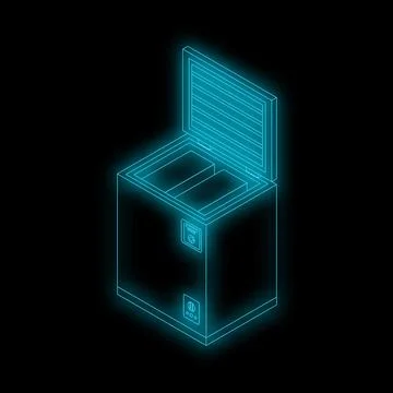 Open empty chest freezer glowing on black background Stock Illustration