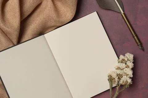 Open empty diary with flowers, quill pen and fabric on a burgundy background  Stock Photos