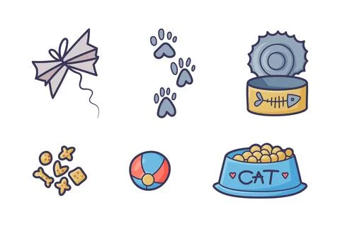 Open Empty Fish Can or Tin, Cat Food, Bowl, Paw Print and Ball Toy Vector Set Stock Illustration