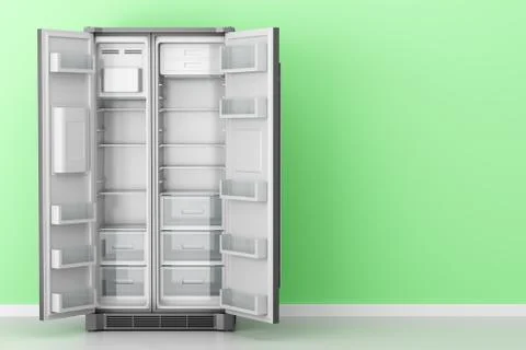 Open empty fridge in front of green wall. 3d illustration Illustrazione stock