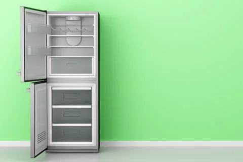 Open empty fridge in front of green wall. 3d illustration Illustrazione stock