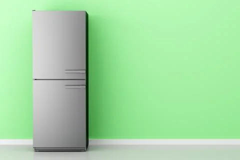 Open empty fridge in front of green wall. 3d illustration Stock Illustration