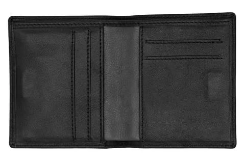 Open, empty man's leather wallet from top on white background, isolated Stock Photos