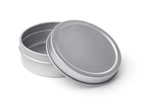 Open empty metal round container Open empty metal round container isolated... Foto stock