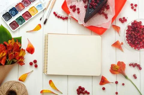 Open empty notebook with red current cake slice Stock Photos