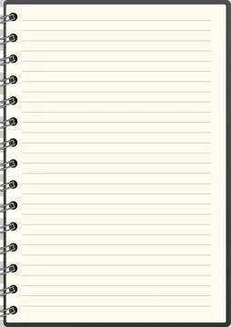 Open, empty notebook with a spiral binding and lined pages ready for writin.. Illustrazione stock