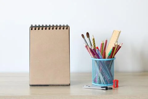 A open empty notebook on the table. Learning background. Stock-Fotos