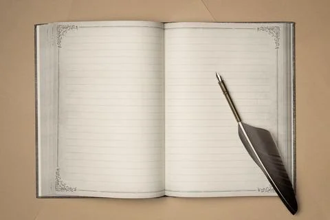 Open empty notebook in vintage style with quill pen on sheets of paper backgr Stock Photos