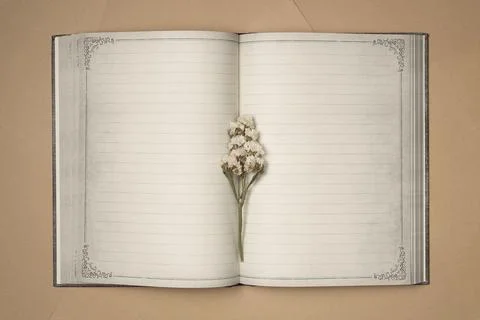 Open empty notebook in vintage style with flower on sheets of paper backgroun Stock Photos