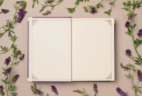 Open empty notebook in vintage style with frame of flowers on beige backgroun Foto stock
