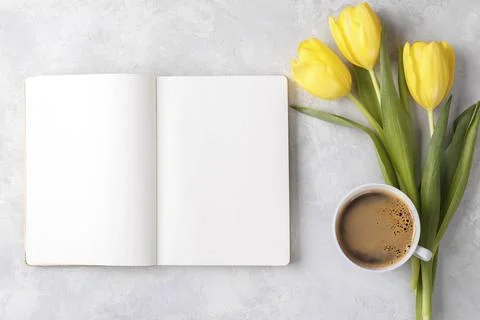 Open empty notepad, yellow tulips and cup of coffee on grey stone table, top Stock Photos