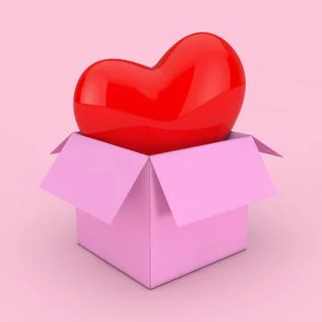 Open Empty Pink Cardboard Paper Box with Red Heart. 3d Rendering Stock Illustration