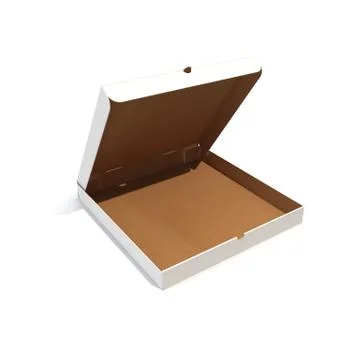 Open empty pizza box isolated on white. 3d rendering Stock Illustration