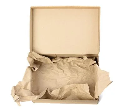 Open empty rectangular brown cardboard box for transportation and packaging o Fotos Stock