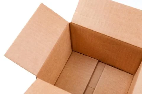 Open empty rectangular cardboard box isolated on white background. Mockup for Stock Photos