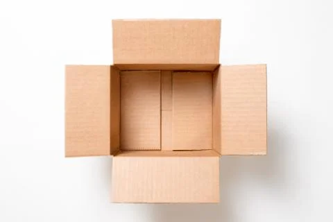 Open empty rectangular cardboard box on white background. Mockup for design a Stock Photos
