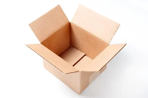 Open empty rectangular cardboard box isolated on white background. Mockup for Stock Photos