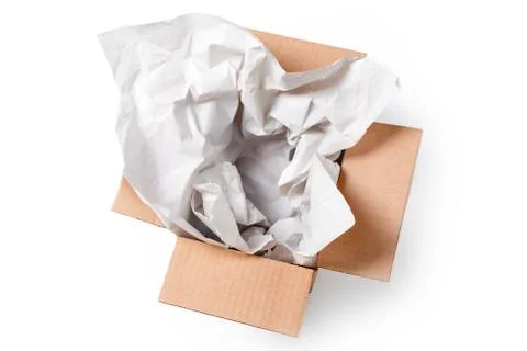 Open empty rectangular cardboard box with wrapping paper isolated on white ba Stock Photos