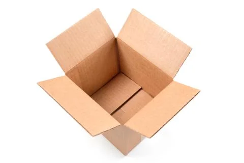 Open empty rectangular cardboard box isolated on white background. Mockup for Stock Photos