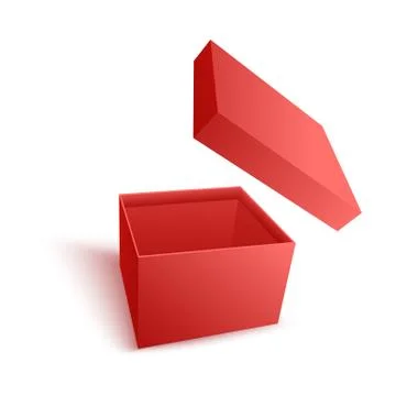Open empty red paper box with flying cover in realistic 3d vector illustration. Stockillustratie