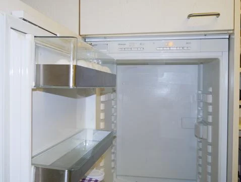 Open Empty Refrigerator Inside view White Fridge Shelves Kitchen Appliance Home Stock Photos