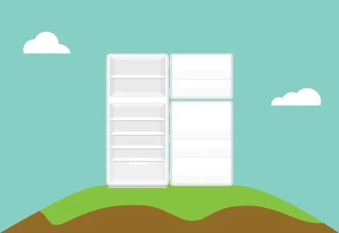 Open empty refrigerator isolated with violet background and long shadow Stock Illustration