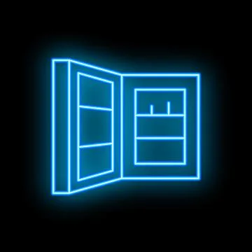 Open empty refrigerator with neon light shining on black background Illustrazione stock