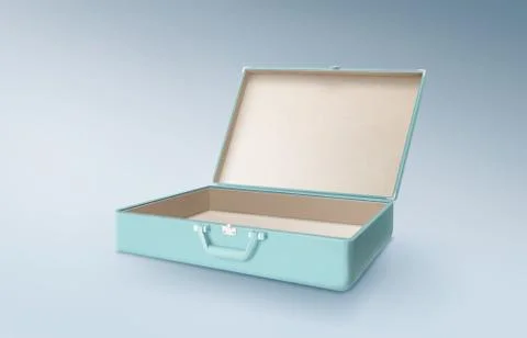 Open empty retro vintage mint blue suitcase isolated on light blue background Stock Photos