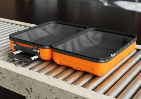 Open Empty Suitcase On Conveyor Stock Photos