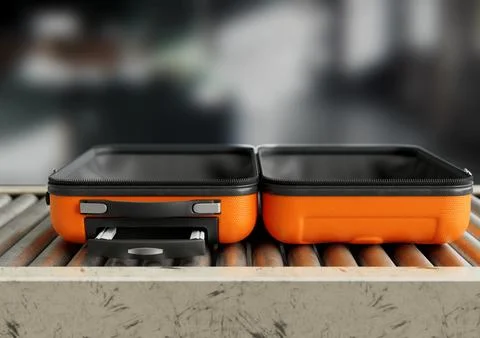 Open Empty Suitcase On Conveyor Stock Photos
