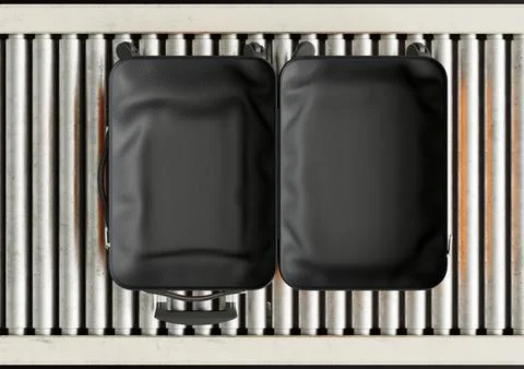 Open Empty Suitcase On Conveyor Stock Photos