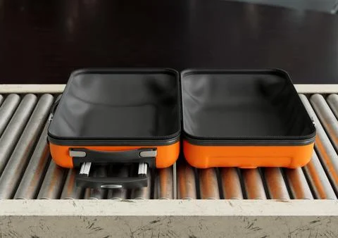Open Empty Suitcase On Conveyor Stock Photos