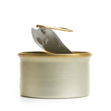 Open an empty tin can isolated on white background Stock Photos