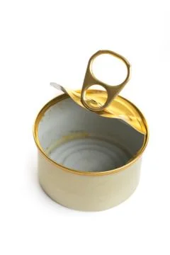 Open an empty tin can isolated on white background Stock Photos