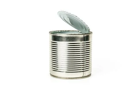 Open empty tin can isolated on white Stock Photos