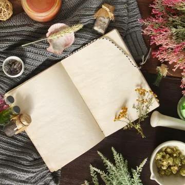 An open empty vintage notebook surrounded by herbs, alchemy appliances, potio Stock Photos