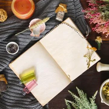 An open empty vintage notebook surrounded by herbs, alchemy appliances, potio Stock Photos